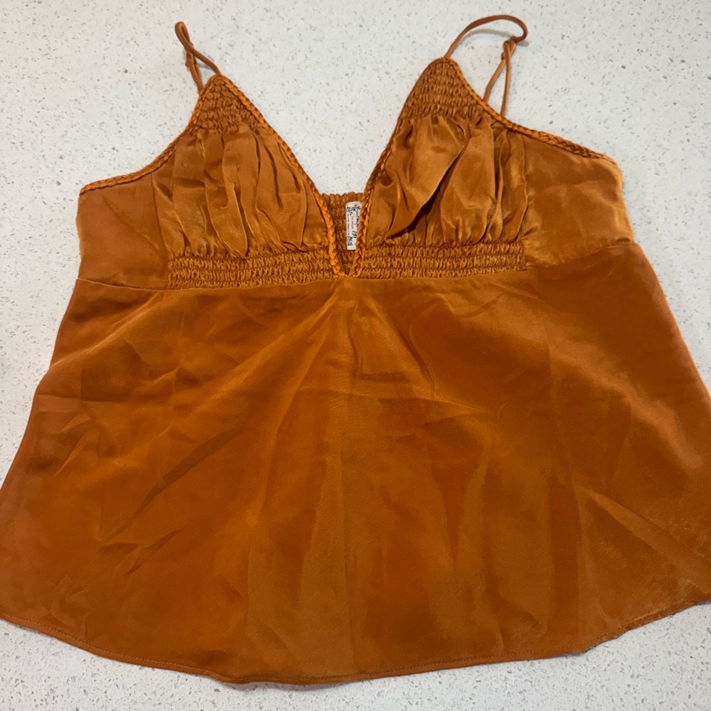 🌞 Free People Boho Satin Cami – Rust Orange | Size S 🌞 - Picture 2 of 4